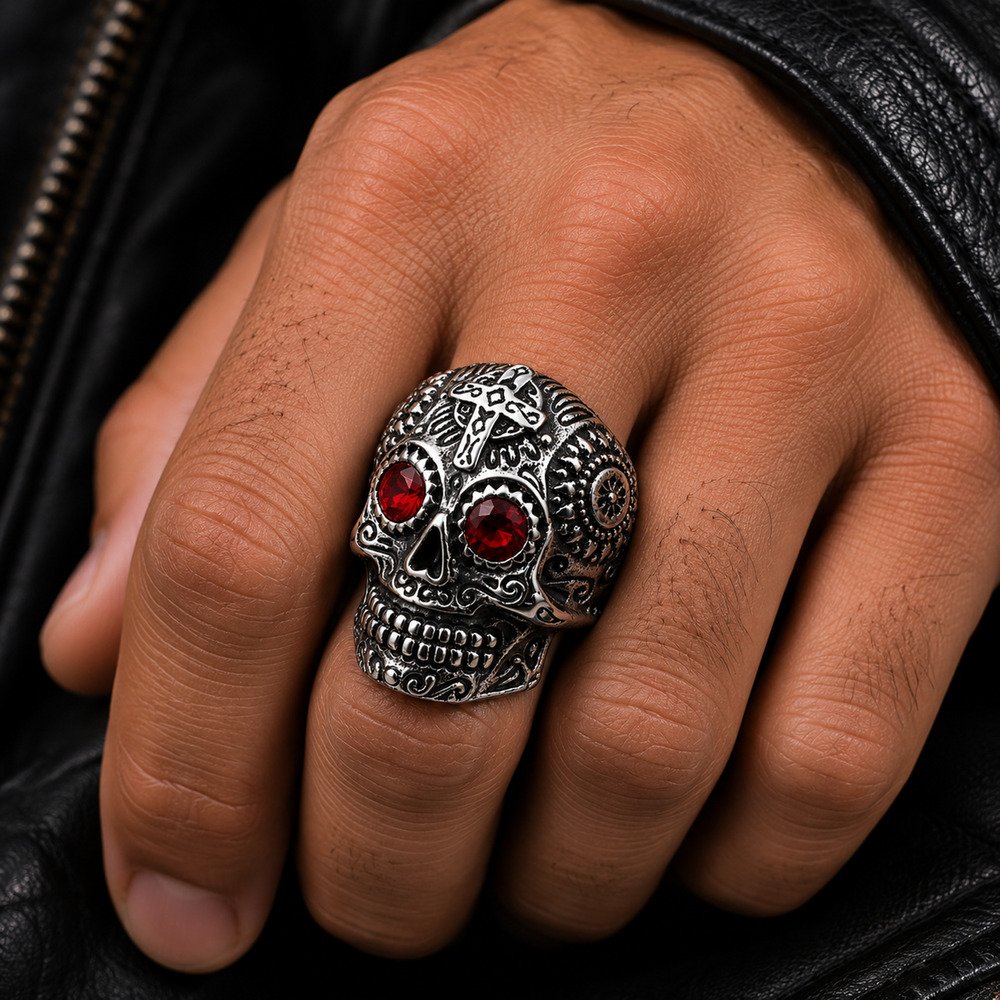 Sugar Skull Ring 316L Stainless Steel Red CZ Gothic Day of the Dead size 9 - Picture 2 of 7